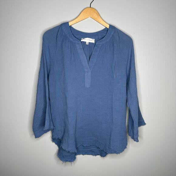 Chelsea and Theodore Women’s Baby Blue Cotton Bohemian Raw Hem Blouse Size XS - Picture 1 of 7